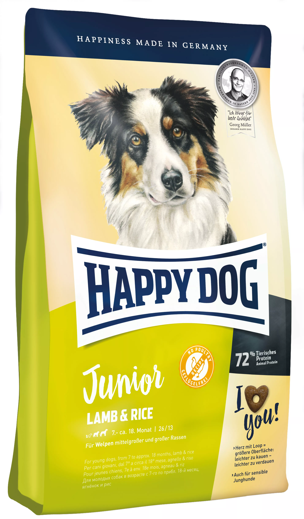 Happy Dog (Хэппи Дог) - Junior Lamb & Ric Сухой безглютеновый корм для юниоров средних и крупных пород с чувствительным пищеварением 1 кг
