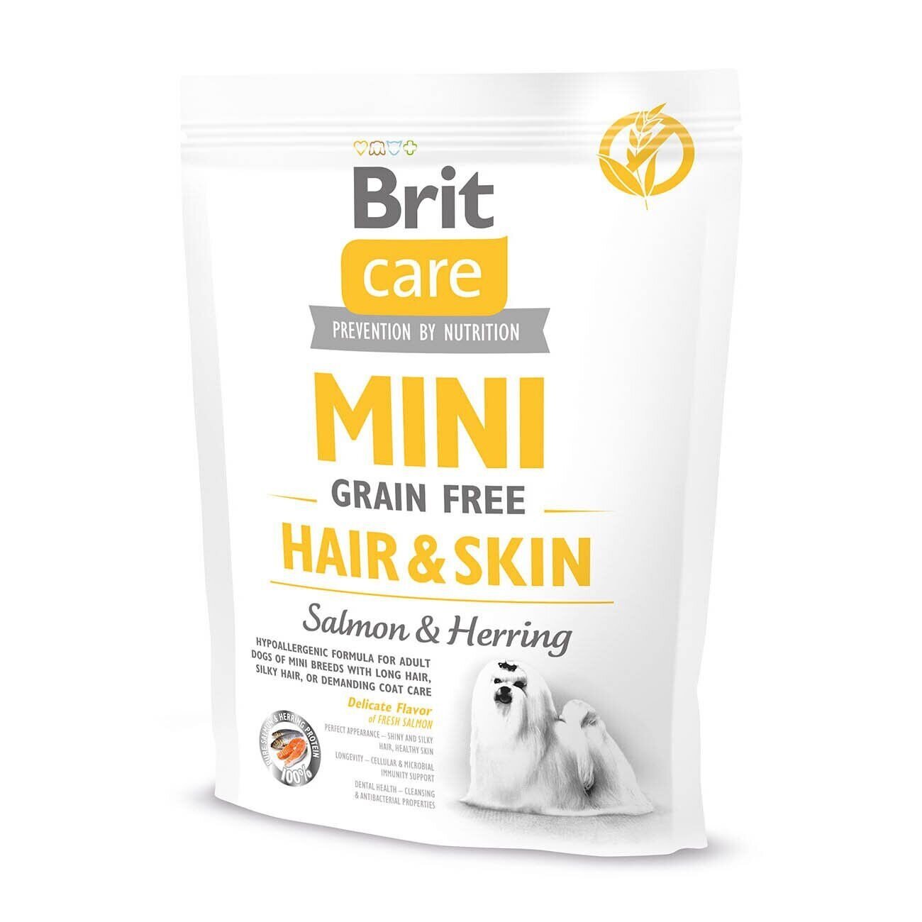 Brit Care GF Mini Hair & Skin - Сухий корм для собак мініатюрних порід, шерсть яких вимагає додаткового догляду 400 г (лосось і оселедець)