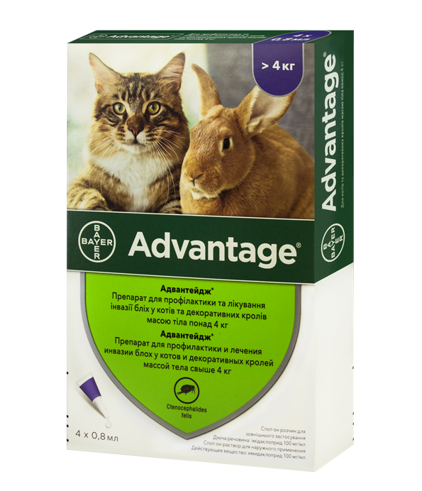 Bayer ADVANTAGE 80 (Адвантейдж) капли на холку от блох и клещей для котов от 4кг, пипетка