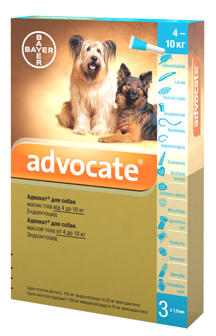 Bayer ADVOCATE (Адвокат) краплі на холку від бліх, кліщів, гельмінтів для собак 4-10 кг, піпетка