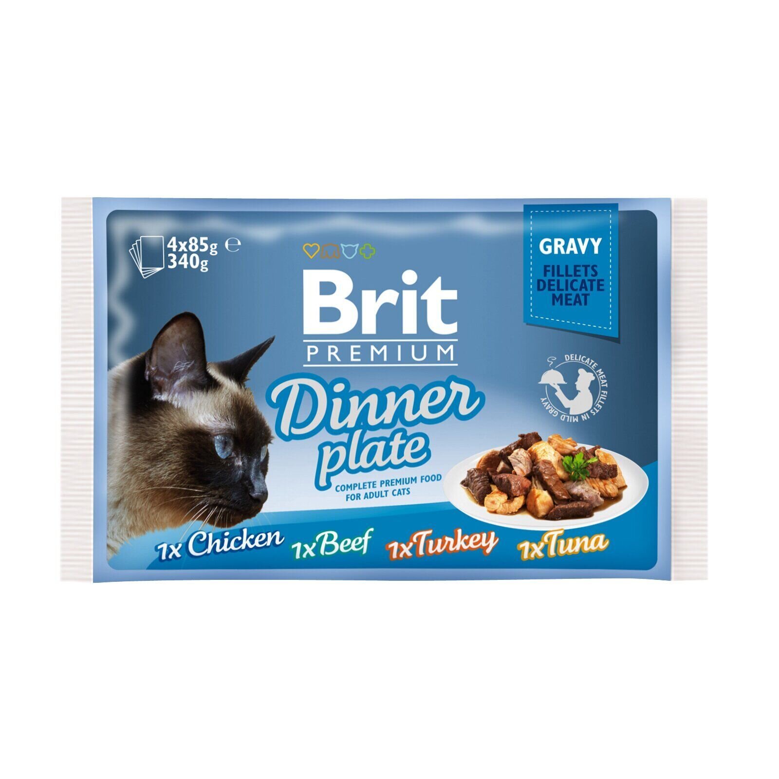 Brit Premium Cat Dinner Plate Fillets Gravy pouches - Вологий корм для кішок 340 г (асорті з 4 смаків «Обідня тарілка» в соусі)