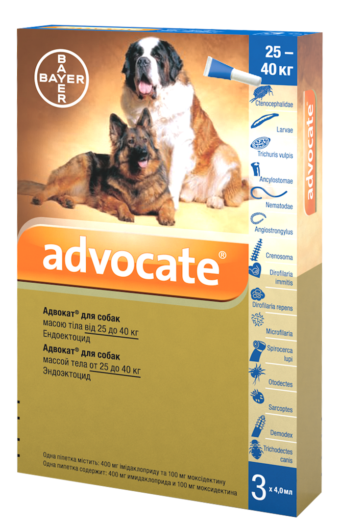 Bayer ADVOCATE (Адвокат) капли на холку от блох, клещей, гельминтов для собак от 25 кг, пипетка